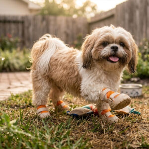 A tan and white Shih Tzu dog standing on backyard turf while wearing tangerine orange mesh dog shoes for hot pavement.