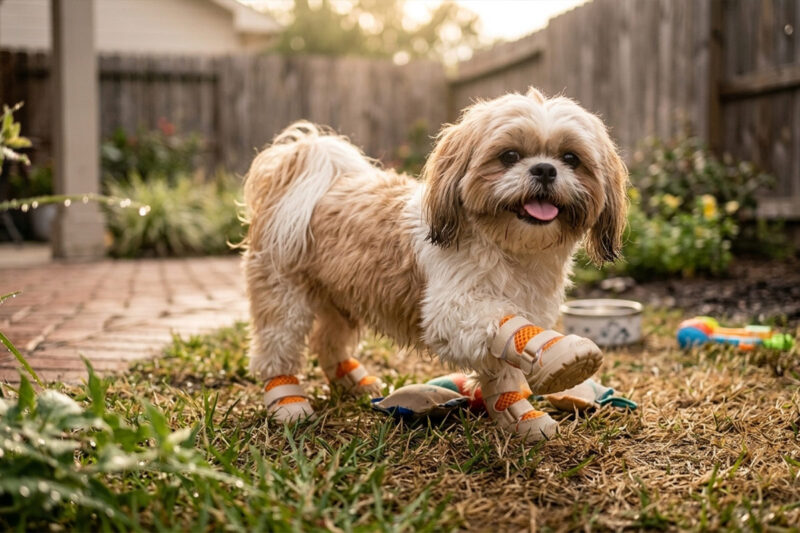 A tan and white Shih Tzu dog standing on backyard turf while wearing tangerine orange mesh dog shoes for hot pavement.