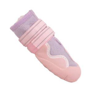 Dual Ankle Strap Fastening Layout Detail Top-down close view of a pink mesh dog shoe for hot pavement emphasizing the dual hook and loop strap orientation.