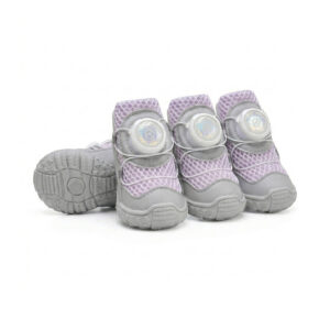 Pastel lavender mesh dog shoes for hot pavement displaying protective gray leather accents and white rotary buckle enclosures.