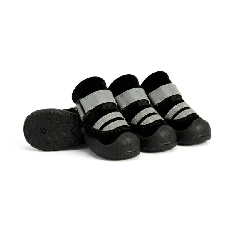 Black Night Safety Reflective Pet Shoes Pack Black night safety reflective pet shoes with double-line high-gloss reflective strips and secure hook-and-loop straps.