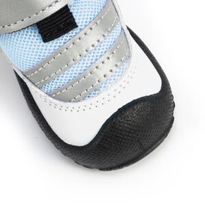 Reflective Strap and Toe Cap Close-Up Close-up of a blue night safety reflective pet shoe emphasizing the double stitched reflective bands and thick toe guard.
