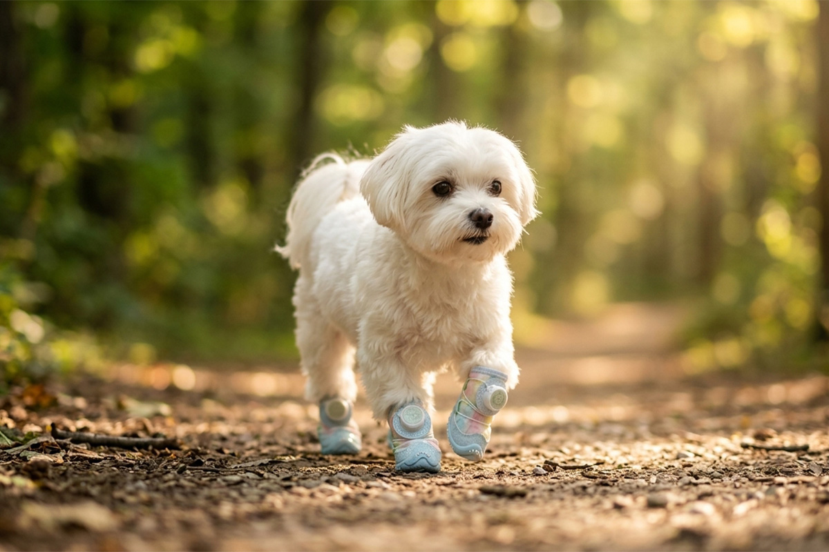 A small white Maltese dog walking calmly down a dirt forest pathway wearing macaron blue night safety walking dog shoes.