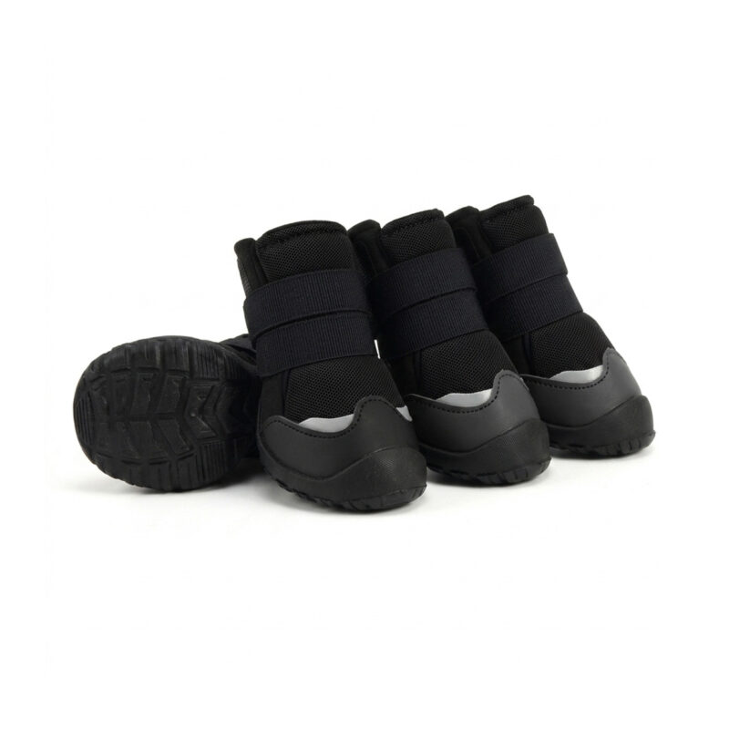 Black No Slip Dog Shoes with Toe Guard Pack All-black no slip dog shoes with toe guard highlighting the dual security hook and loop straps and textured TPE soles.