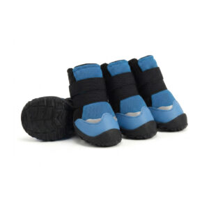 Blue No Slip Dog Shoes with Toe Guard Trio Ocean blue no slip dog shoes with toe guard showing thick rubberized bumpers and elastic secure wrap bands.