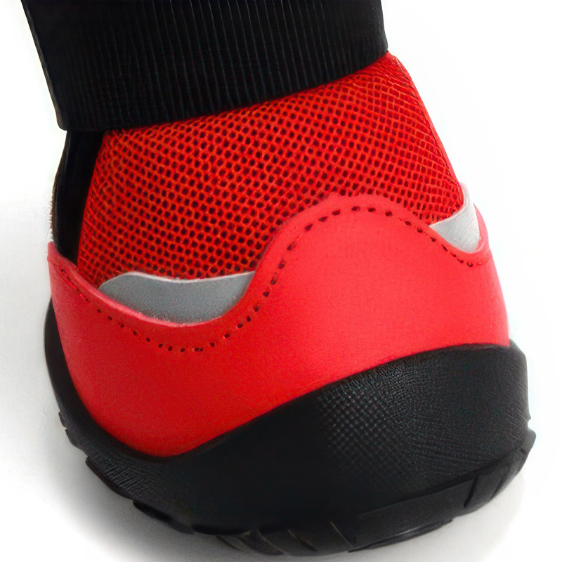 Detailed view of the premium top layer leather toe guard shielding the front of no slip dog shoes with toe guard models.