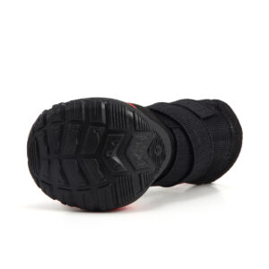 Anti Slip TPE Outsole Chevron Tread Pattern Underneath view of black no slip dog shoes with toe guard emphasizing the anti-slip chevron channel tread pattern.
