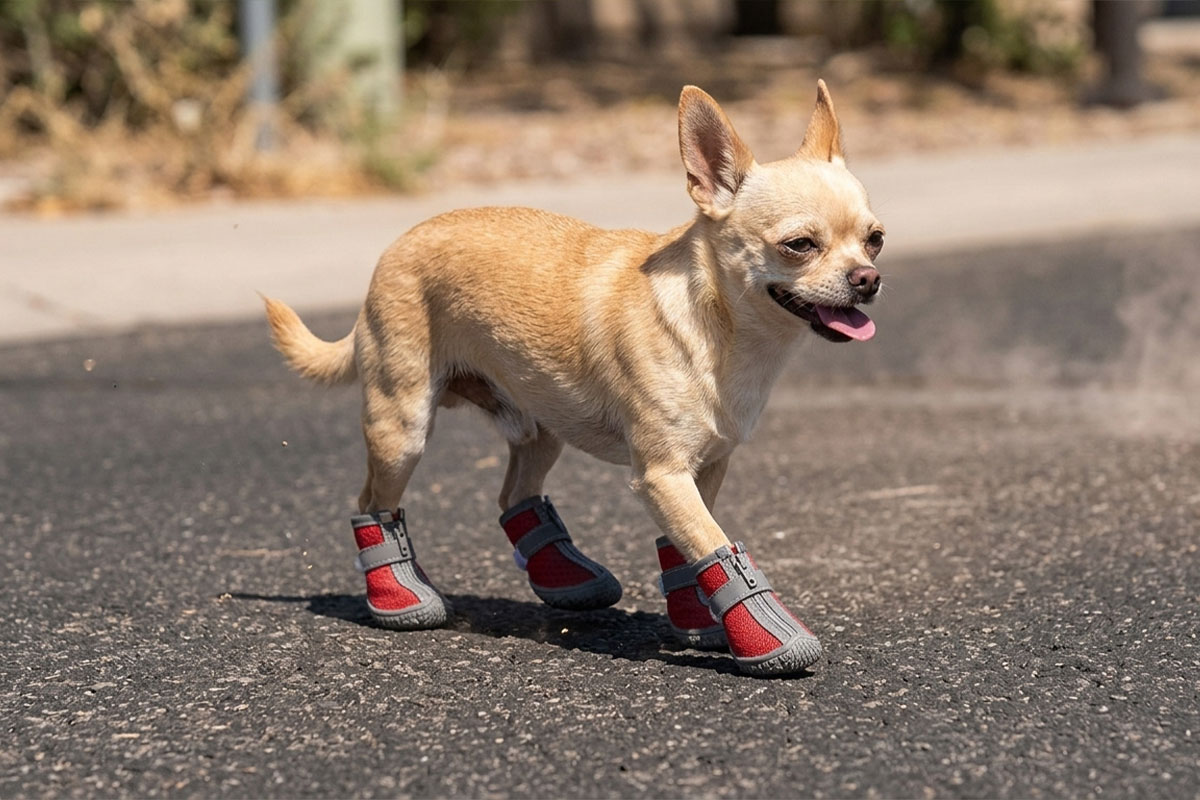 A small tan Chihuahua pacing confidently across sunlit asphalt wearing red outdoor dog shoes for hot pavement.