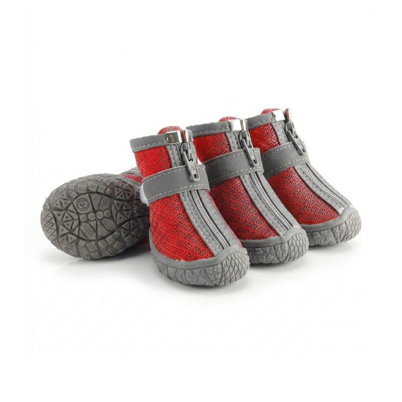 Red Paw Clad Breathable Zipper Dog Shoes Set Red outdoor dog shoes for hot pavement showcasing nine-hole breathable mesh fabric and grey safety reflective straps.