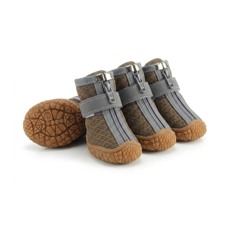 Paw Clad Breathable Mesh Dog Boots - Brown Trio Overview Brown Paw Clad breathable zipper dog shoes showing non-slip TPR rubber outsoles and mesh construction.
