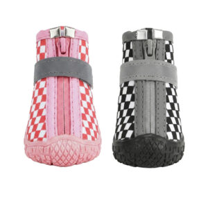 Front Zipper Closure and Rubber Toe Shield Detail Front view comparison of pink checker and retro black checker printed waterproof dog shoes emphasizing secure zip tracks.