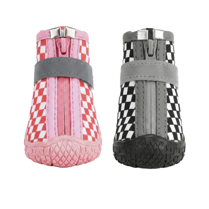 Front Zipper Closure and Rubber Toe Shield Detail Front view comparison of pink checker and retro black checker printed waterproof dog shoes emphasizing secure zip tracks.