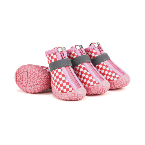 Pink Checker printed waterproof dog shoes showcasing front zippers, pink rubber toe caps, and grey reflective ankle straps.