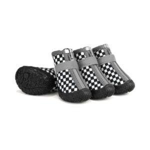 Retro Checker Printed Waterproof Dog Shoes Pack Retro Checker black and white printed waterproof dog shoes with black front zippers and grey adjustable velcro bands.
