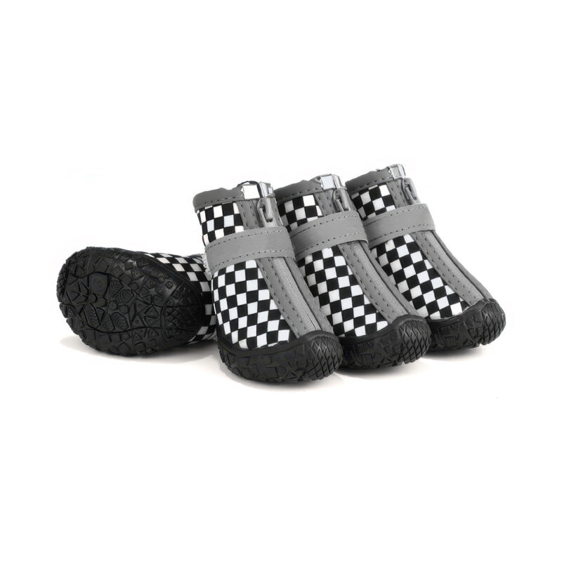 Retro Checker Printed Waterproof Dog Shoes Pack Retro Checker black and white printed waterproof dog shoes with black front zippers and grey adjustable velcro bands.