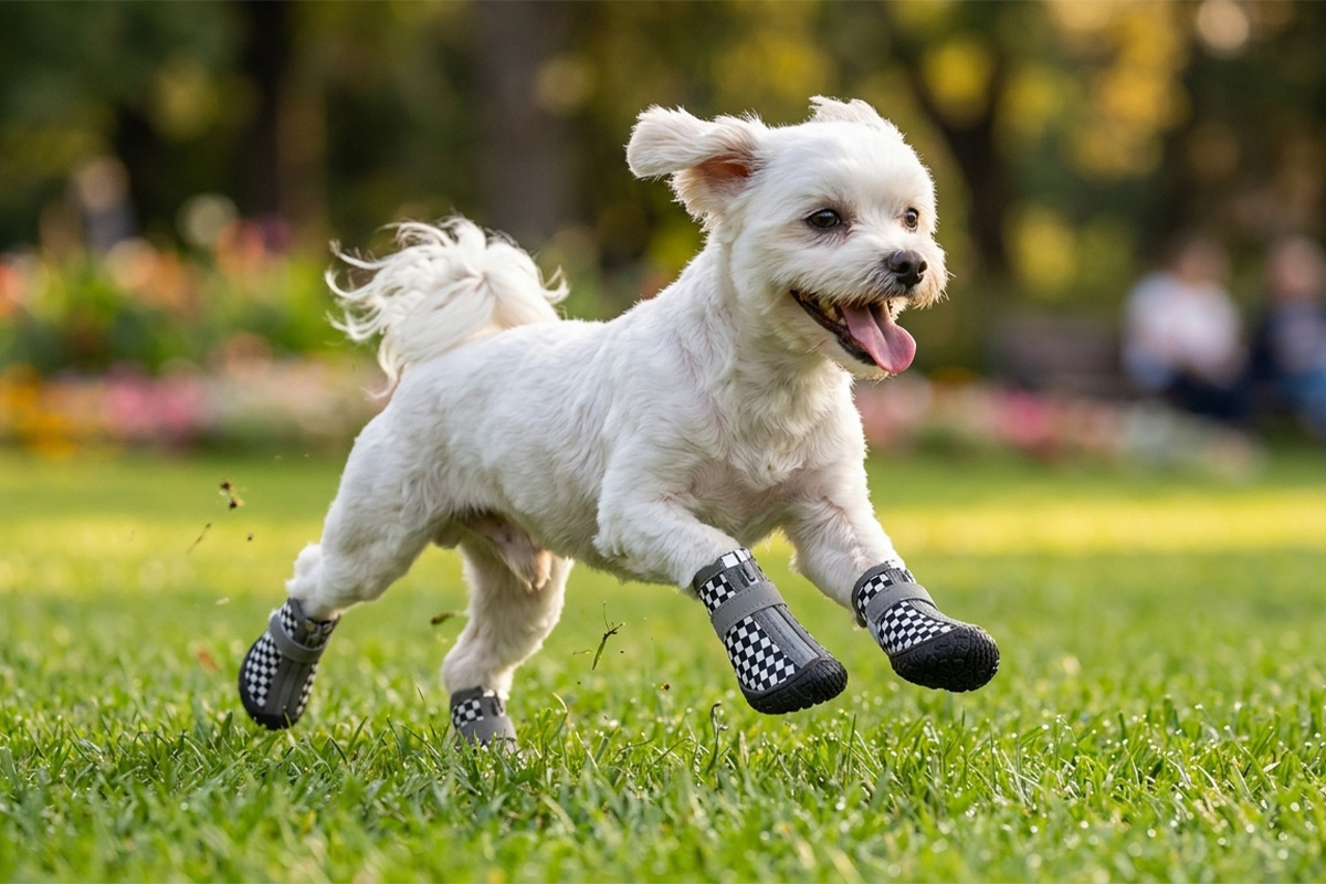 A small white dog leaping forward dynamically over green park grass wearing retro checker printed waterproof dog shoes.