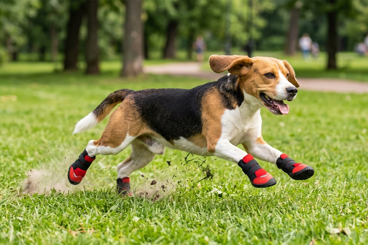An active Beagle dog sprinting fast across a green grass field wearing red protective double-strap dog shoes.