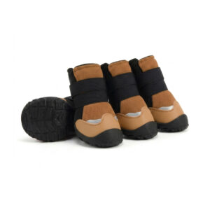 Brown Protective Double-Strap Dog Shoes Trio Coyote brown protective double-strap dog shoes showcasing deep black TPE outsoles and anti-chafing soft edge straps.