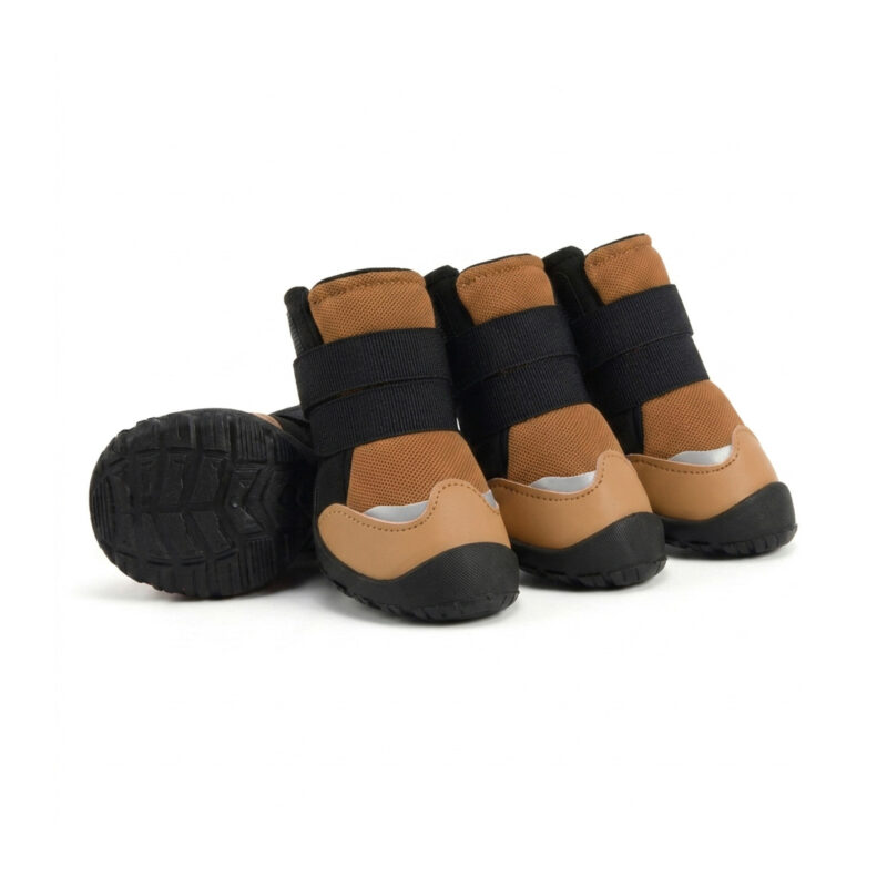 Brown Protective Double-Strap Dog Shoes Trio Coyote brown protective double-strap dog shoes showcasing deep black TPE outsoles and anti-chafing soft edge straps.