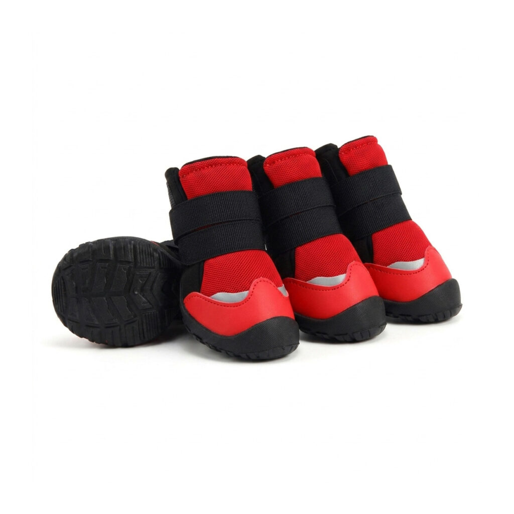 Red protective double-strap dog shoes showcasing the dual black ankle bands and silver reflective toe trim.