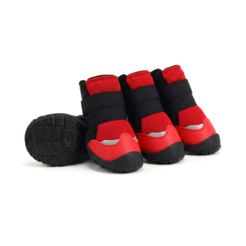 Red protective double-strap dog shoes showcasing the dual black ankle bands and silver reflective toe trim.