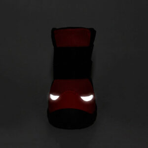 Night Safety Reflective Toe Guard Detail Close-up front view of a red protective double-strap dog shoe showing the toe guard reflective curved accents glowing in the dark.