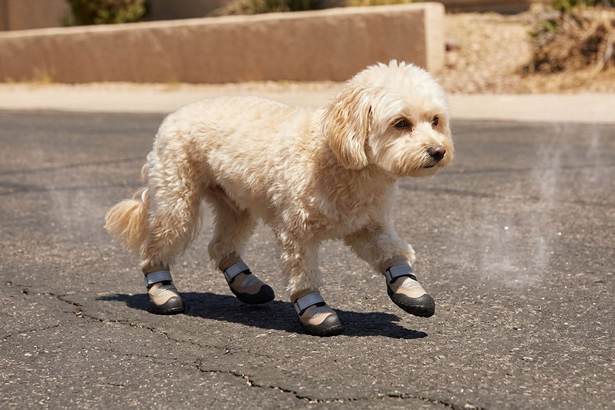 A small tan curly-coated dog pacing confidently across a sunlit street wearing khaki protective mesh shoes for dogs.