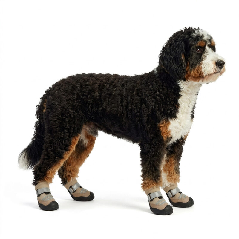 Khaki All-Weather Protective Dog Shoes A fluffy multi-colored dog standing firmly in khaki protective mesh shoes for dogs on a clean studio background.