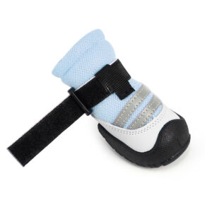 Custom Fastening Ankle Strap Detail A single blue protective mesh dog shoe showing the unfastened black inner strap and the metallic loop tension mechanism.