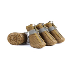 Khaki Tan Rainy Day Walking Dog Shoes Pack Khaki tan rainy day walking shoes for dogs displaying brown leather mudguards, matching zippers, and tan outsoles.