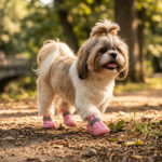 A fluffy Shih Tzu dog trotting confidently down a dirt park path scattered with dry leaves wearing pink checker boots.