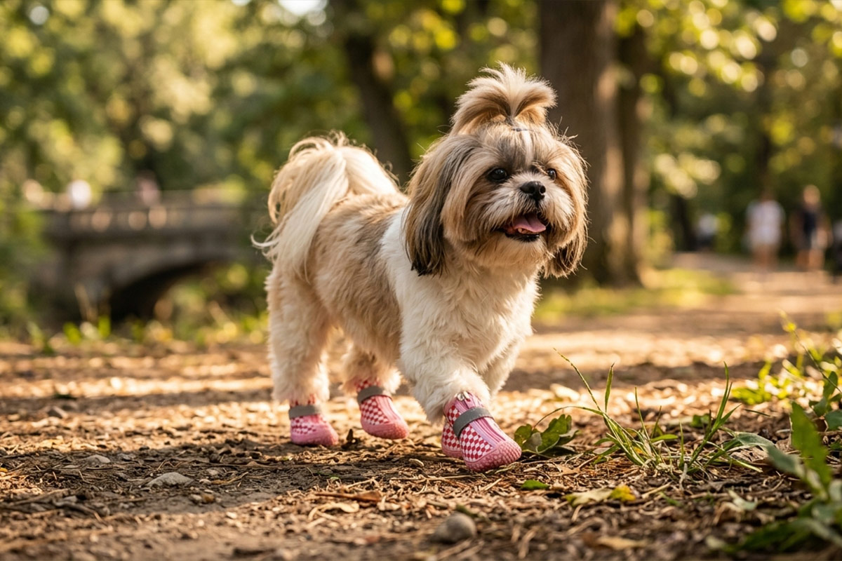 A fluffy Shih Tzu dog trotting confidently down a dirt park path scattered with dry leaves wearing pink checker boots.