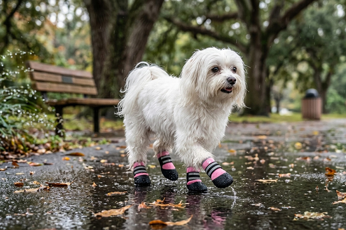 A small white Maltese dog walking through water puddles on a rainy park path wearing pink rainy day waterproof pet shoes.