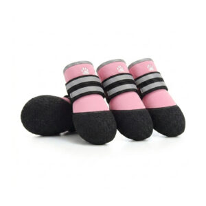 Pink Rainy Day Waterproof Pet Shoes Trio Pink rainy day waterproof pet shoes displaying breathable diving fabric uppers and textured protective toe caps.
