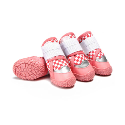 Red Checker printed reflective waterproof dog shoes displaying pink leather trim, white wrap straps, and pink rubber bases.