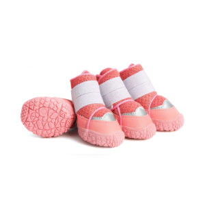 Blush pink reflective breathable dog shoes displaying open-cell core mesh, light pink leather trim, and white wrap straps.