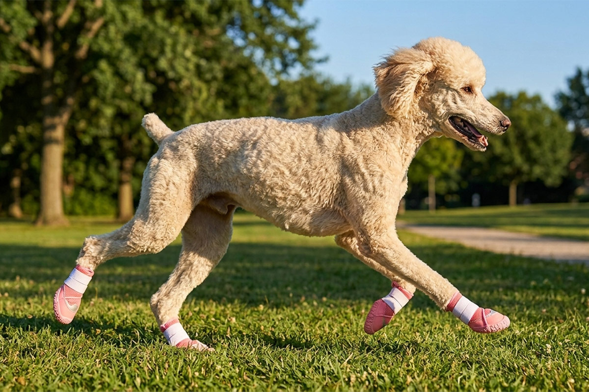 An elegant cream standard Poodle galloping across a grass lawn wearing cute pink reflective breathable dog shoes.