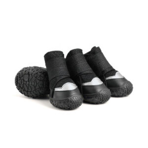 Stealth black reflective breathable dog shoes featuring dark sandwich mesh panels, black leather mudguards, and black straps.