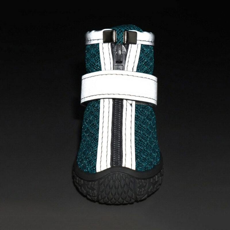 Nighttime Reflective Safety Dog Boots Teal breathable zipper dog shoes with highly visible 3M reflective straps glowing under light at night.