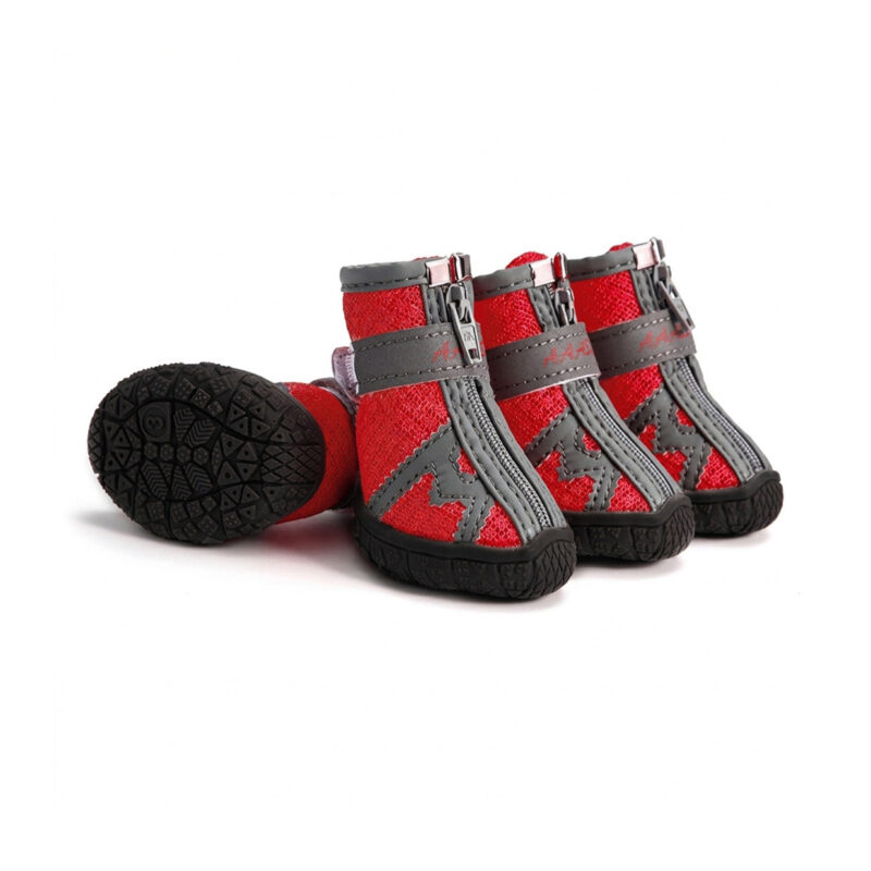 Red Breathable Mesh Zipper Pet Shoes Trio Symmetrical view of red reflective easy-on-off pet shoes utilizing athletic cooling mesh fabric and front metal zippers.