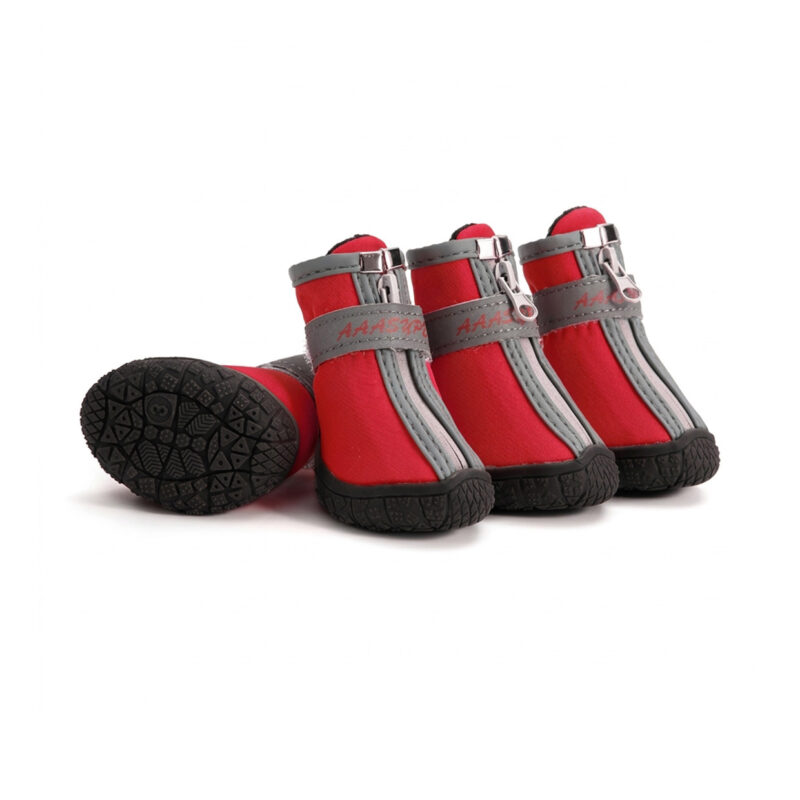 Red Waterproof Zipper Pet Shoes Set Pomegranate red reflective easy-on-off pet shoes featuring water-resistant soft shell panels and silver safety strips.
