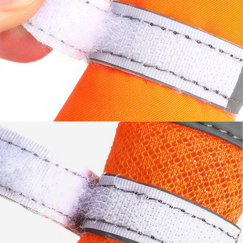 Dual close up showing the heavy duty adjustable velcro fastening system on both soft shell and mesh zipper pet shoes.
