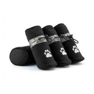 Obsidian black reflective fleece lined dog shoes showcasing sleek weather-resistant paneling and matching dark cord locks.
