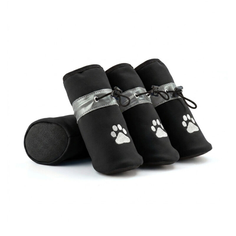 Obsidian black reflective fleece lined dog shoes showcasing sleek weather-resistant paneling and matching dark cord locks.