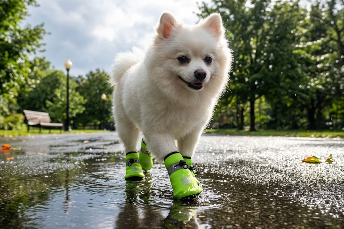 A fluffy white Pomeranian dog walking down a wet park pavement walkway wearing lime green reflective fleece lined dog shoes.