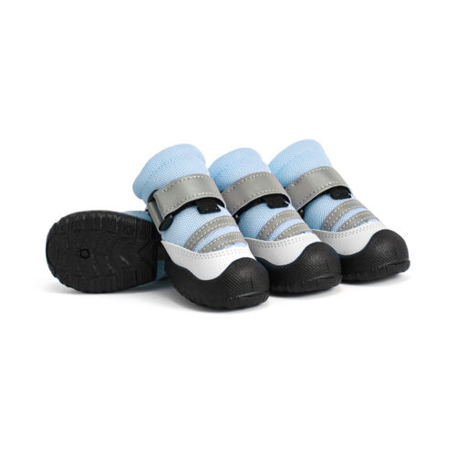 Light blue reflective mesh dog shoes showing the anti-slip black TPE outsole and wide silver reflective strap.