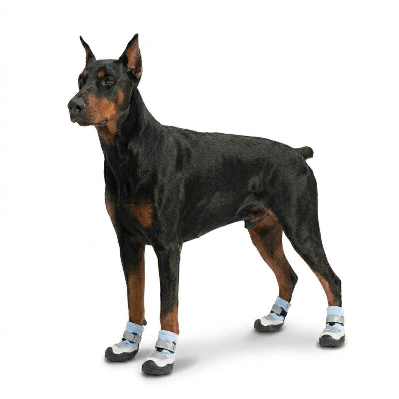 Blue Outdoor Mesh Dog Booties A black and tan Doberman pinscher modeling light blue reflective mesh dog shoes with a high-traction black TPE sole.