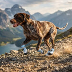A German Shorthaired Pointer running on a rocky mountain trail wearing blue reflective mesh dog shoes.