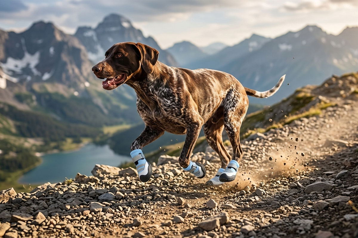 A German Shorthaired Pointer running on a rocky mountain trail wearing blue reflective mesh dog shoes.