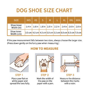 Reflective Mesh Dog Shoes Size Chart Paw measurement guide, how to measure, and sizing chart for reflective mesh dog shoes.